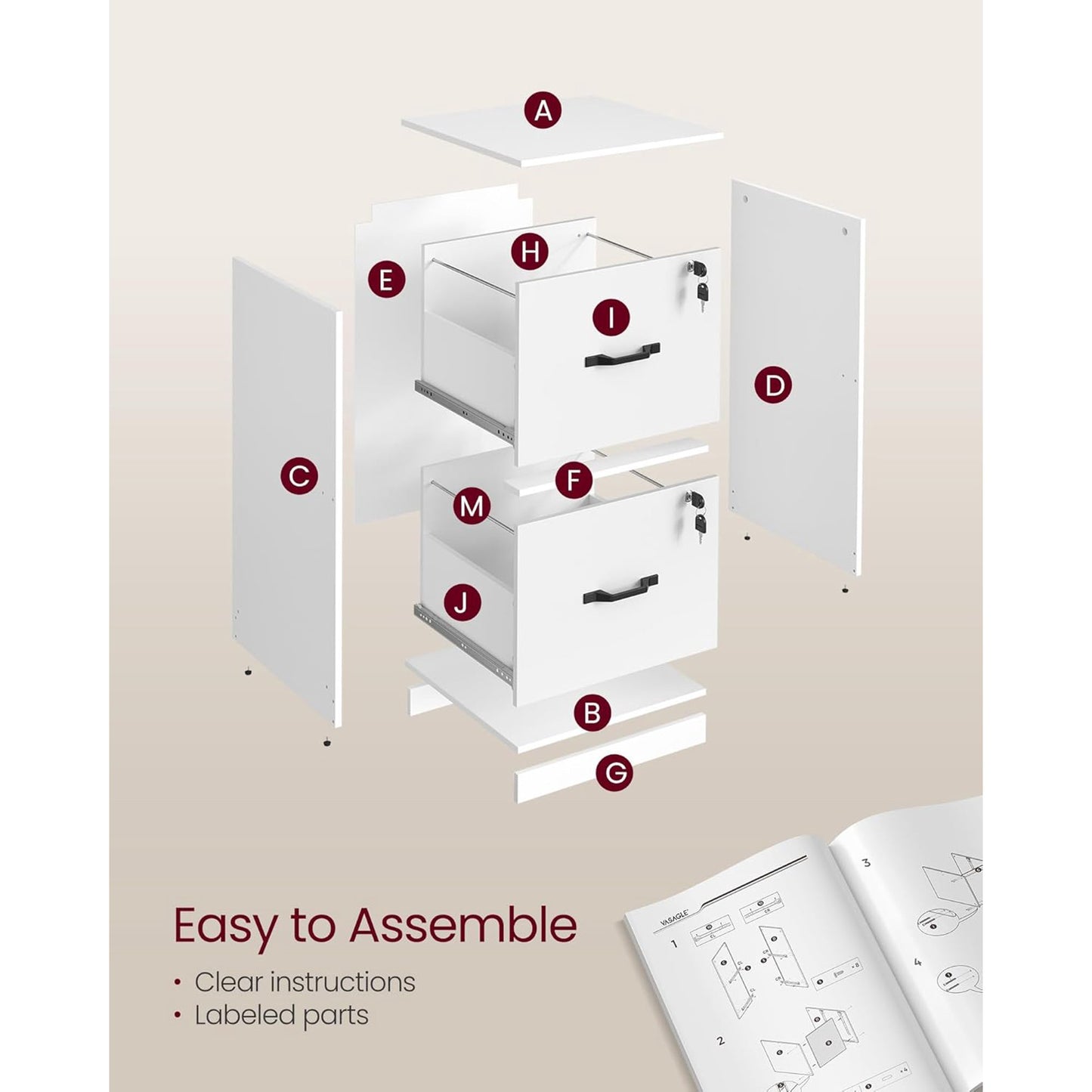 VASAGLE 2-Drawer Vertical File Cabinet Filing Cabinet Printer Stand Adjustable Hanging Rail for A4 and Letter-Size Files