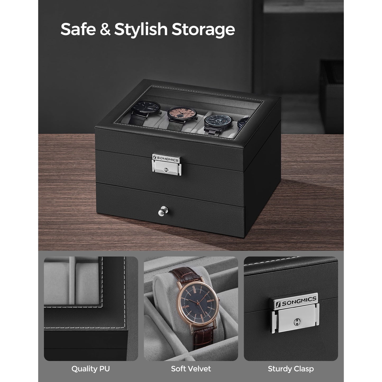 SONGMICS 8-Slot Watch Box Lockable Watch Case with Glass Lid, 2 Layers, with 1 Drawer for Rings Bracelets Black Synthetic Leather, Greenish Gray Lining