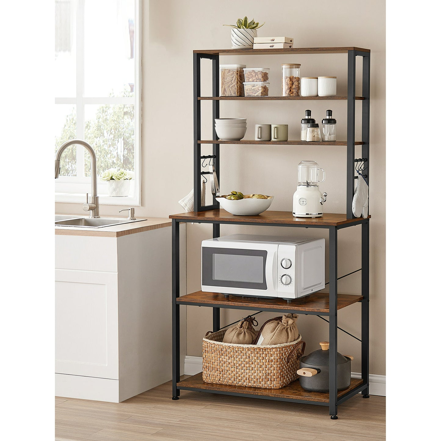 VASAGLE Baker's Rack Microwave Oven Stand Kitchen Tall Utility Storage Shelf 6 Hooks and Metal Frame Industrial 15.7 x 31.5 x 65.7 Inches Rustic Brown and Black