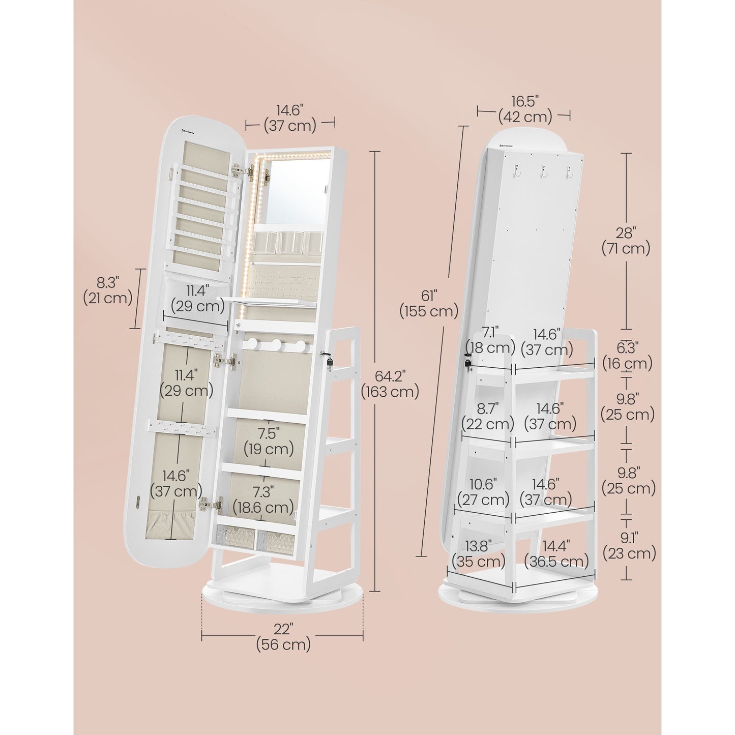 Roating Jewelry Cabinet, LED Standing Jewelry Organizer, Lockable Mirror Jewelry Cabinet, White