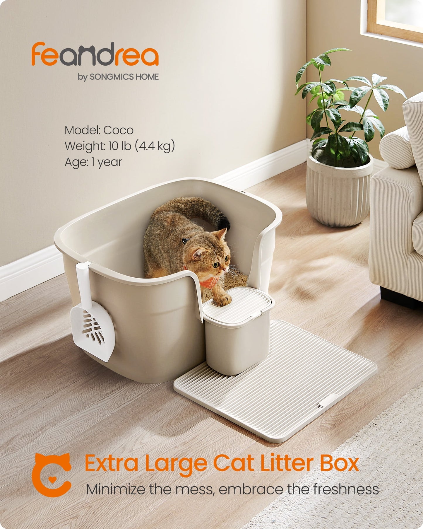 Feandrea Extra Large Cat Litter Box with Litter Catcher Board and Storage Box, 25.2" L x 17.3" W x 13" H, for Large Cats - Cappuccino Beige