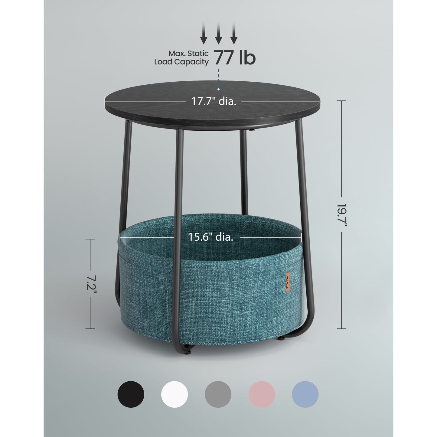 VASAGLE Round End Side Table with Fabric Storage Basket Bedside Table Nightstand for Living Room Bedroom Classic Black Dark Turquoise
