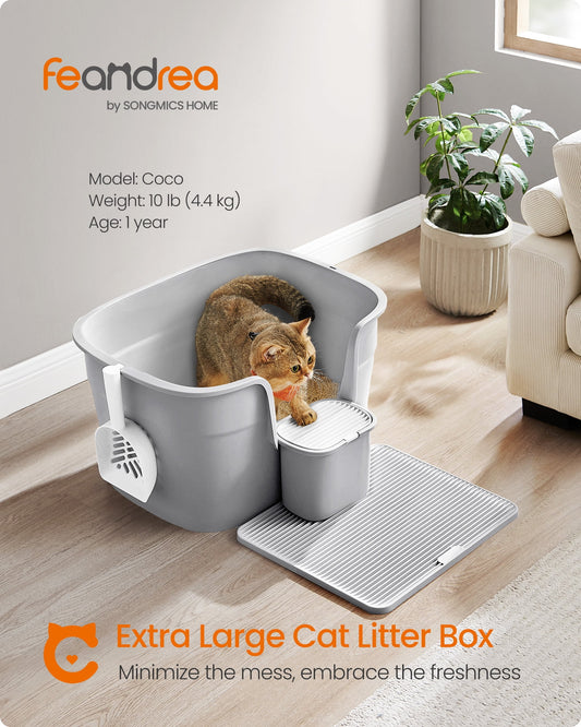 Feandrea Extra Large Cat Litter Box with Litter Catcher Board and Storage Box, 25.2" L x 17.3" W x 13" H, for Large Cats -Dove Gray