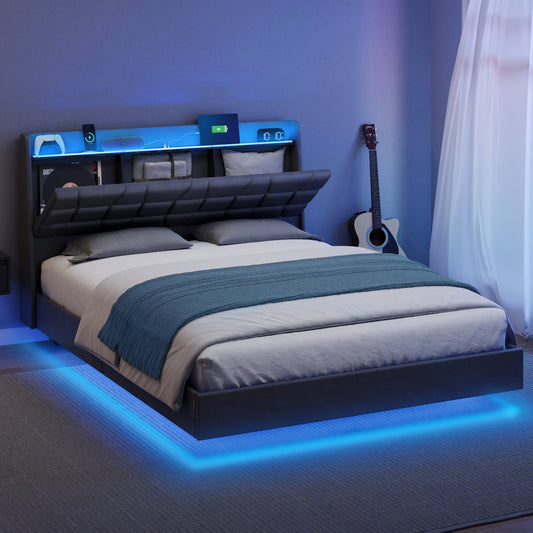 Modern Queen Size Floating Bed Frame with LED Lights and Charging Station - Stylish and Functional Bedroom Centerpiece