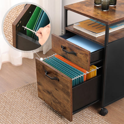 VASAGLE Mobile File Cabinet w/ Wheels and Drawers Open Shelf for A4 Letter Size Home Office Rustic Brown and Black