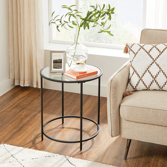 VASAGLE Round Side Table Glass End Table with Metal Frame Black Coffee Table with Modern Style for Living Room, Balcony, Bedroom, Black