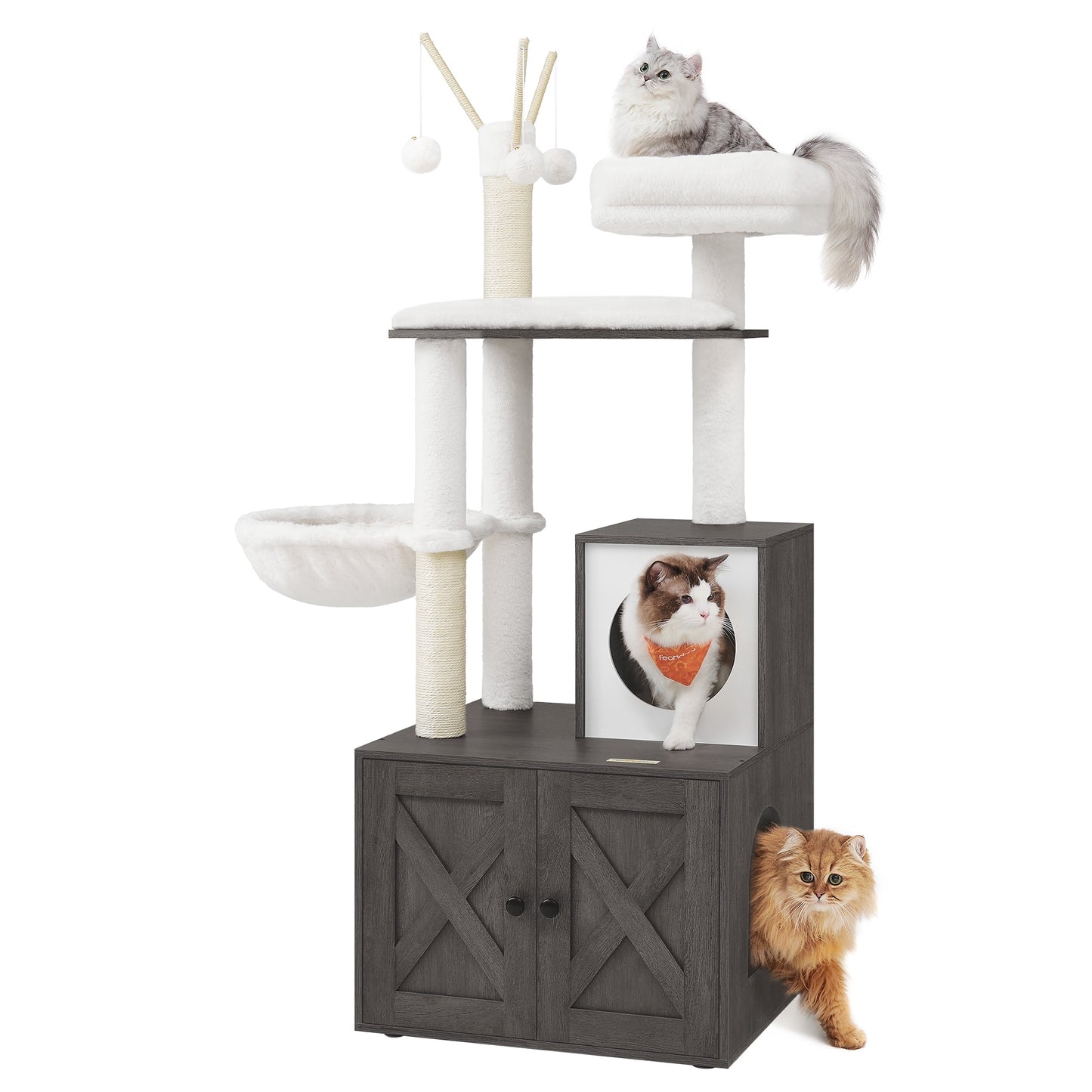 Feandrea WoodyWonders 2-in-1 Cat Tree with Litter Box Enclosure - Modern Cat Condo with Scratching Posts, Misty Gray