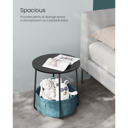 VASAGLE Round End Side Table with Fabric Storage Basket Bedside Table Nightstand for Living Room Bedroom Classic Black Dark Turquoise