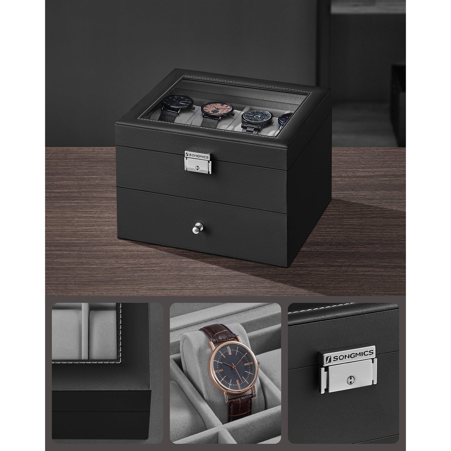 SONGMICS 16-Slot Watch Box, Leather Watch Case with Glass Lid, 2 Layers Lockable Watch Display Case