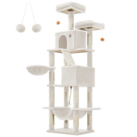 Feandrea Cat Tree, 66.1-Inch Large Cat Tower with 13 Scratching Posts, 2 Perches, 2 Caves, Basket, Hammock, Pompoms, Multi-Level Plush Cat Condo for Indoor Cats, Cream White