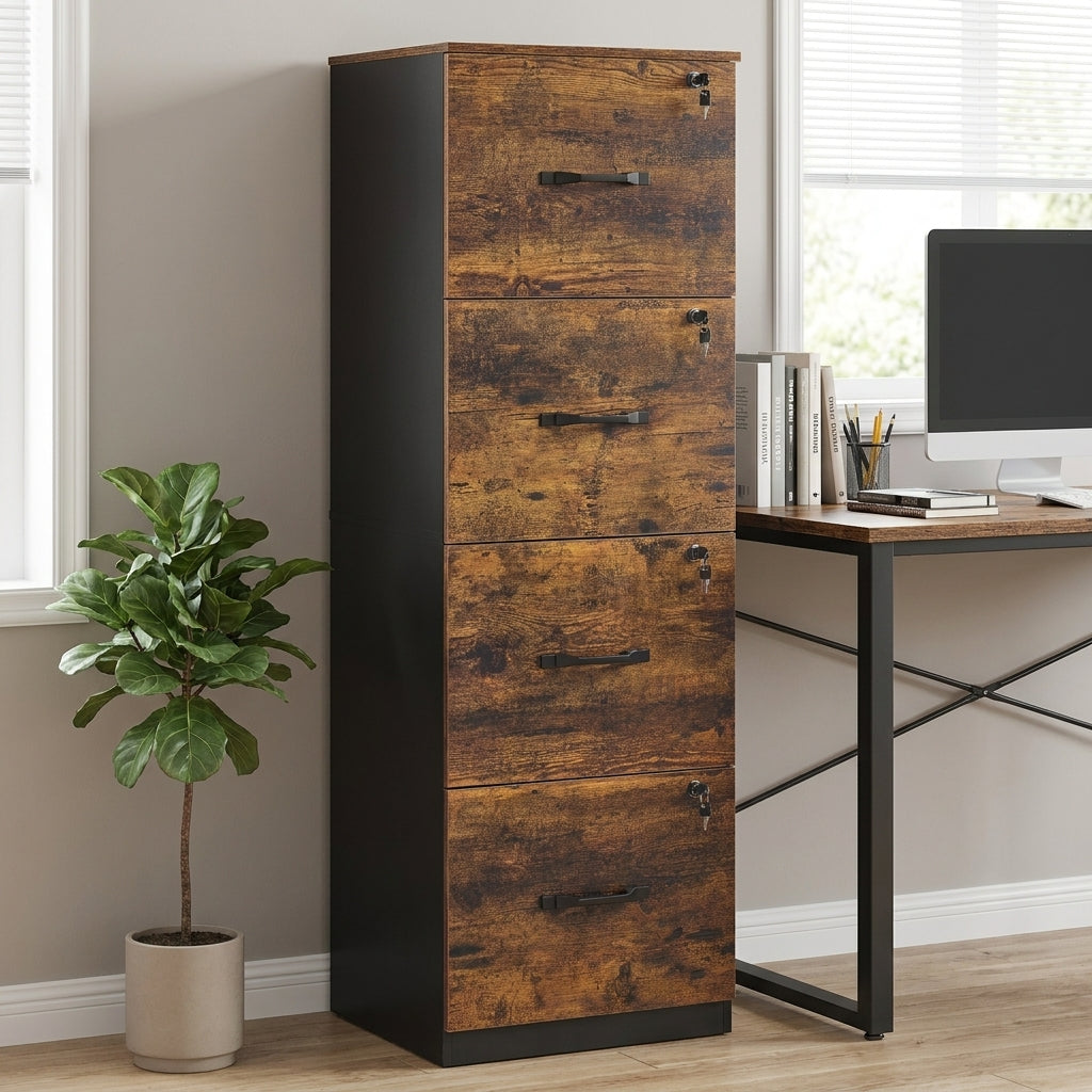 VASAGLE 4-Drawer Vertical File Cabinet, Filing Cabinet, with 4 Lockable Drawers, Adjustable Hanging Rail, for A4 and Letter-Size Files, Rustic Brown