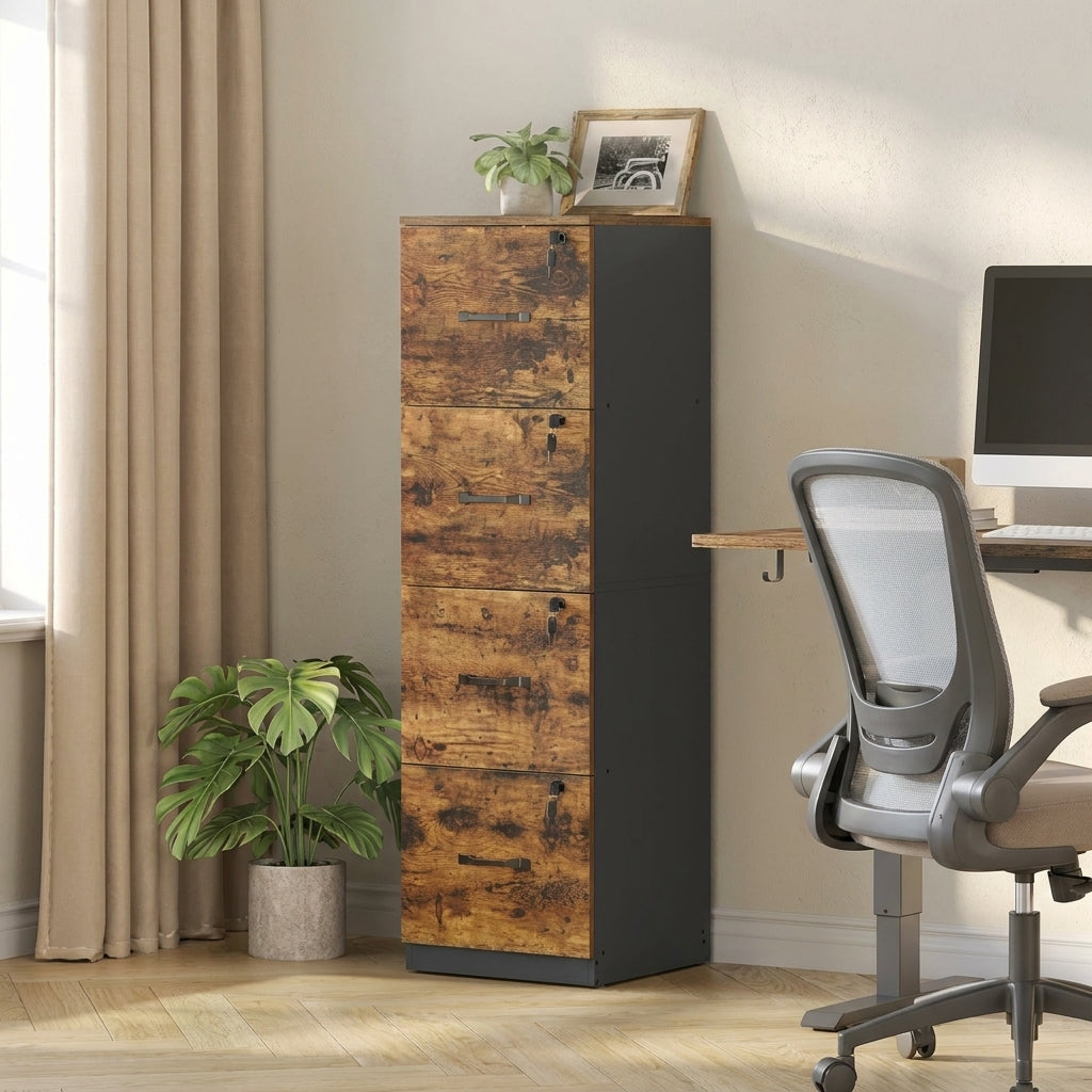 VASAGLE 4-Drawer Vertical File Cabinet, Filing Cabinet, with 4 Lockable Drawers, Adjustable Hanging Rail, for A4 and Letter-Size Files, Rustic Brown