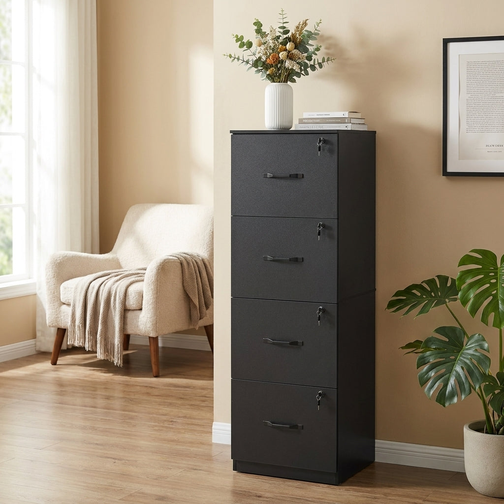 VASAGLE 4-Drawer Vertical File Cabinet, Filing Cabinet, with 4 Lockable Drawers, Adjustable Hanging Rail, for A4 and Letter-Size Files, Ink Black