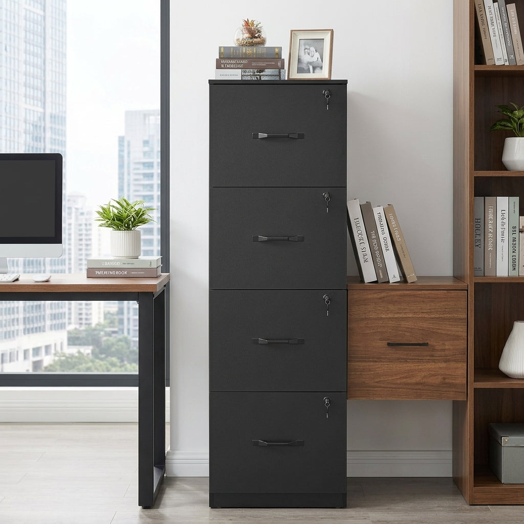 VASAGLE 4-Drawer Vertical File Cabinet, Filing Cabinet, with 4 Lockable Drawers, Adjustable Hanging Rail, for A4 and Letter-Size Files, Ink Black