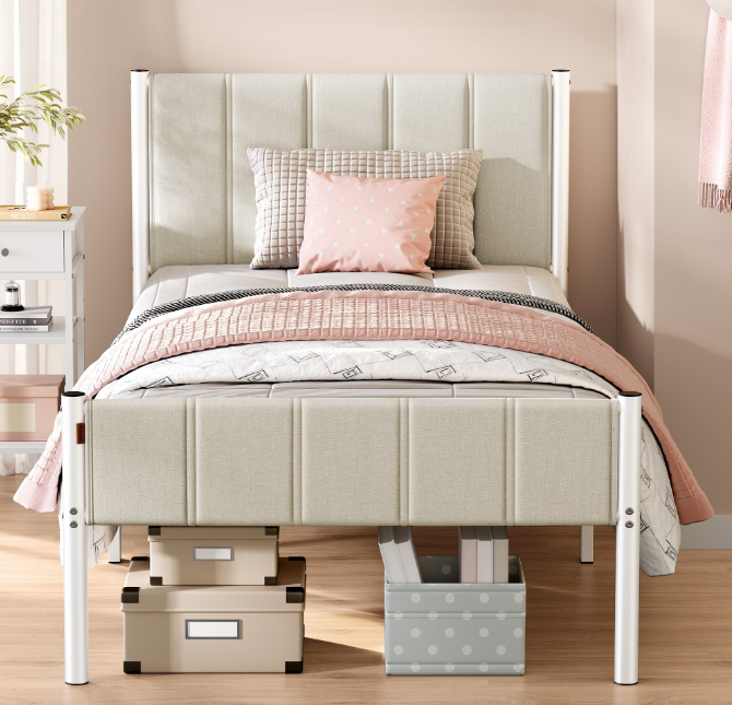 Twin Size Upholstered Bed Frame with Footboard, 550 lb Capacity, Steel Slats, No Box Spring, Quick Assembly, Modern Design, Cappuccino Beige