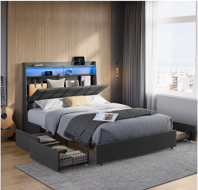 Queen Bed Frame with 51.4-Inch Tall Storage Headboard, Queen Size Bed Frame, with 4 Storage Drawers on Wheels, LED Lights, Charging Station