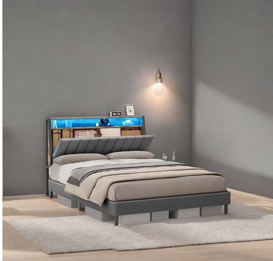 Queen Size LED Bed Frame with Storage Headboard and Charging Station, No Box Spring Needed,with 2 AC Outlets, 1 USB Port, 1 Type-C Port