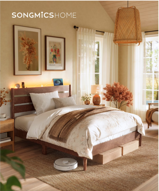 Full Bed Frame with LED Headboard & Charging Station - Solid Wood Platform, Mid-Century Modern, No Box Spring Needed, Coffee Brown