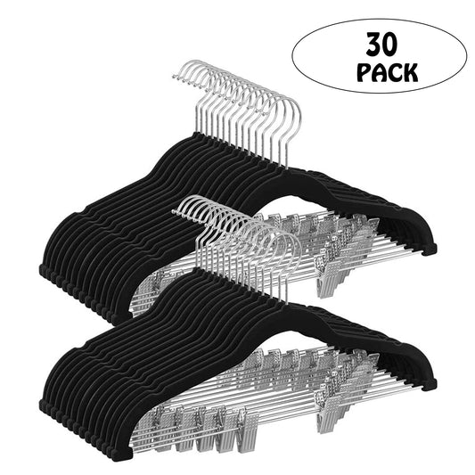 SONGMICS 30 Pack Skirt Hangers 17 Inch Long Velvet Hangers with Adjustable Clips Non-Slip for Skirts Coats Dresses Black